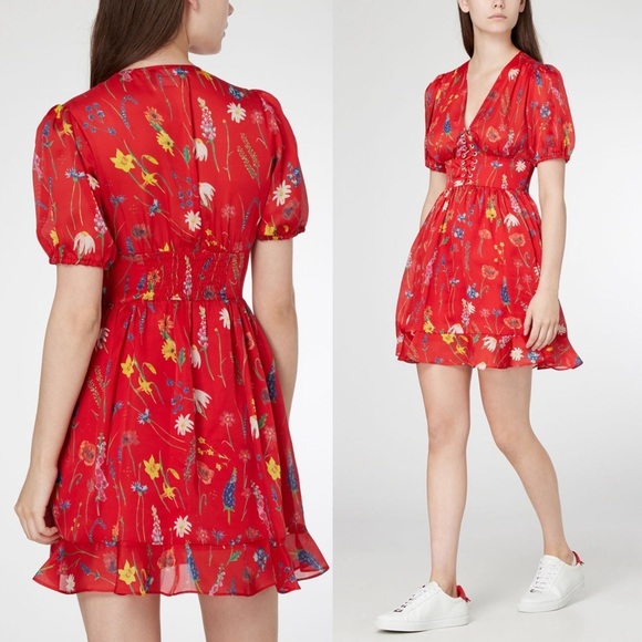 THE KOOPLES Floral Satin Puff Short Sleeve Lace Up Front Ruffle Hem Mini Dress S - Picture 5 of 12